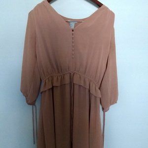 NWOT H&M Long Sleeve Tie Waist Button Ruffle Knee Length Tan Medium Size 8 Dress